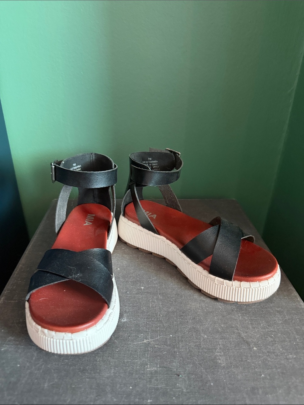 MIA Black Ankle-Strap Platform Sandals with Red Insole